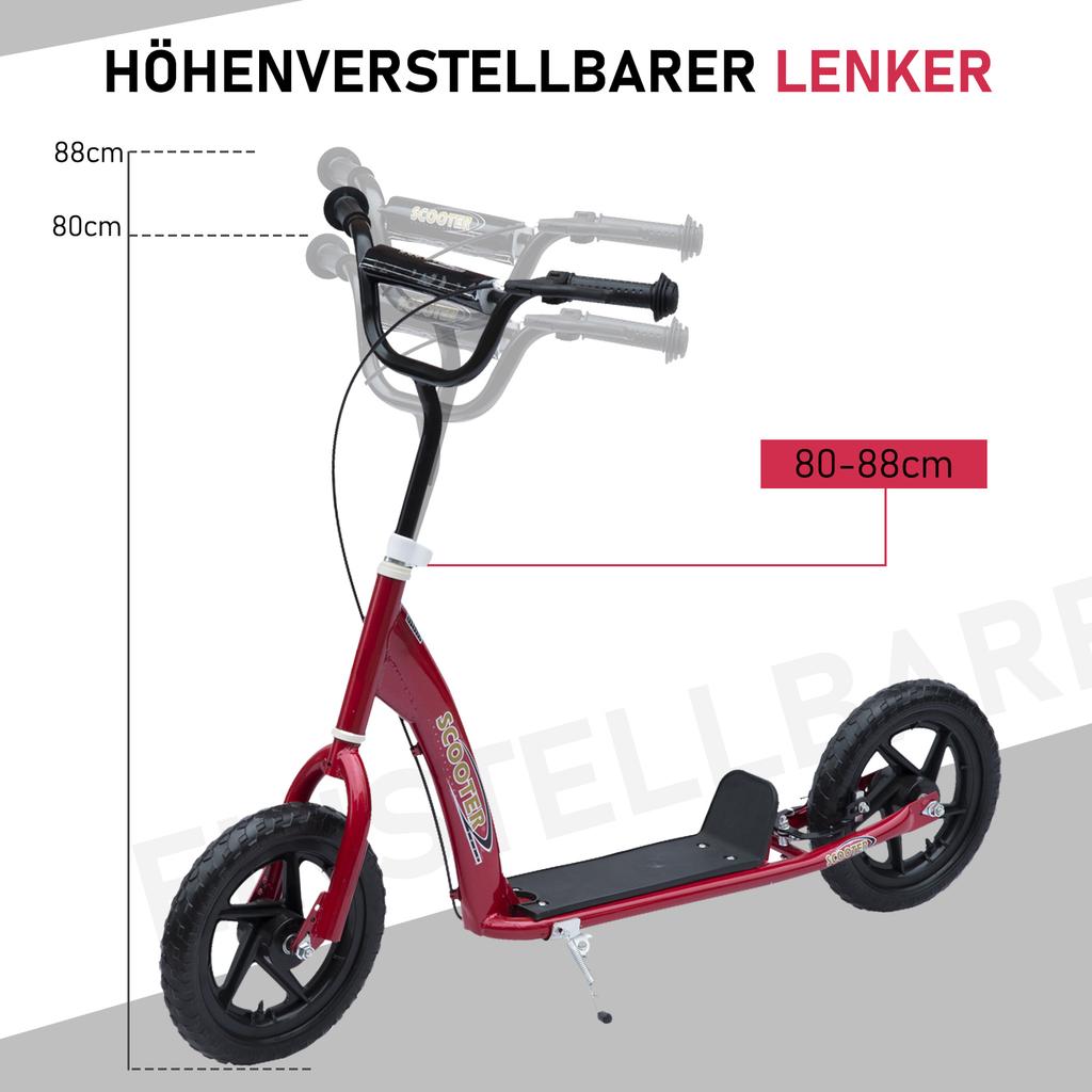 Kinderroller Trittroller, mit 12" EVA-Reifen, Hinterradbremse, Große Räder Roller für 5-12 Jahre, Rot