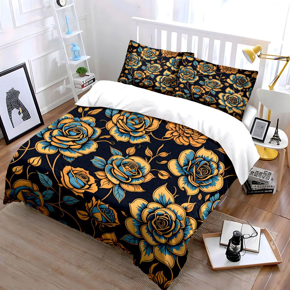 Golden Blooms In Twilight Bedding Sets Duvet Covers Pillowcases(1* Duvet Cover 2* Pillowcases Without Duvet Insert)