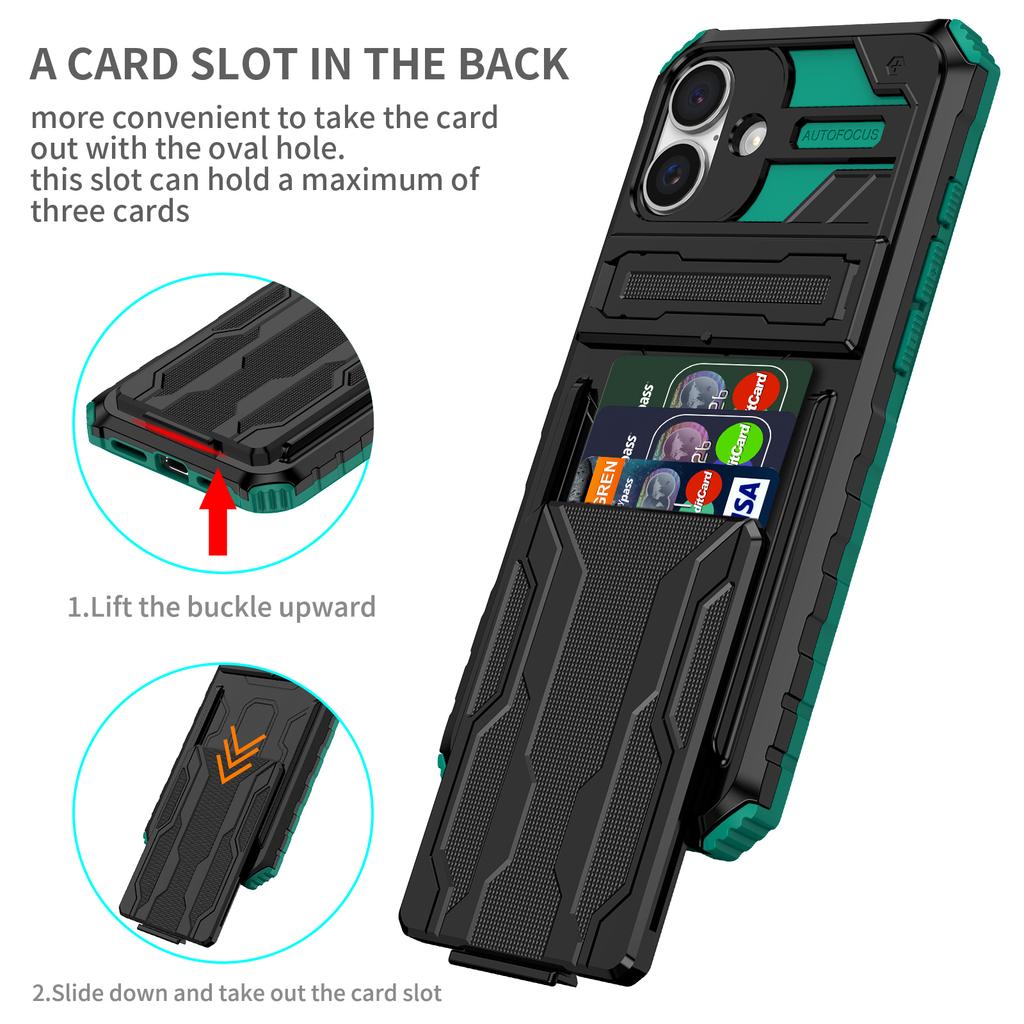 For iPhone 16 Case with Card Holder PC + TPU Phone Back Cover Kickstand