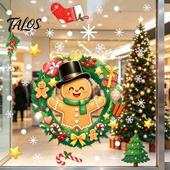 Gingerbread Man Decals Christmas Static Window Sticker, Wreath Pattern Print PVC Removable Decal, Decorative Film Waterproof Glass Cling for