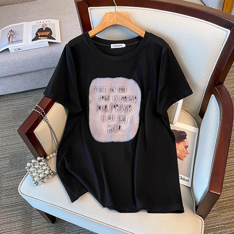 Women's Plus Size Slimming Loose Mid-Length Round Neck T-Shirt (Short Sleeves) 