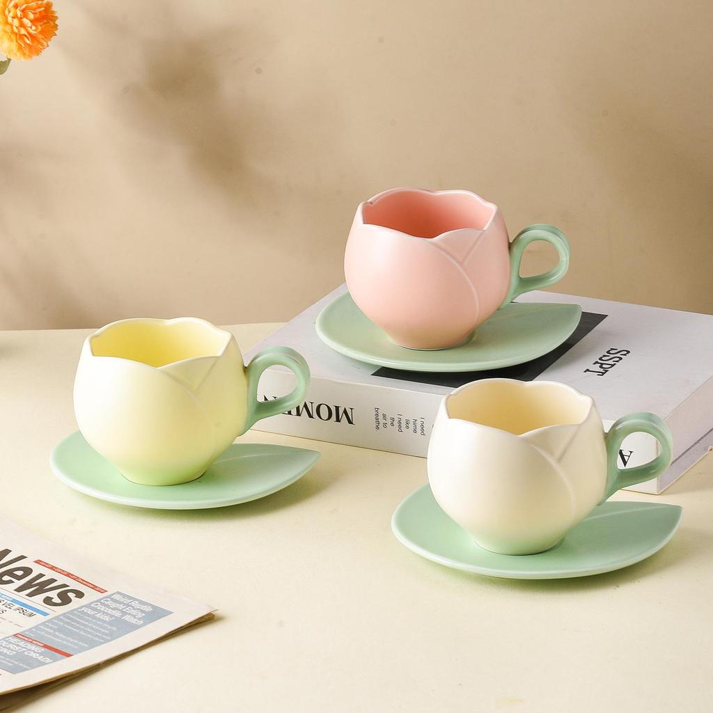 Japanese Ceramic Tulip Coffee Cup & Saucer Set