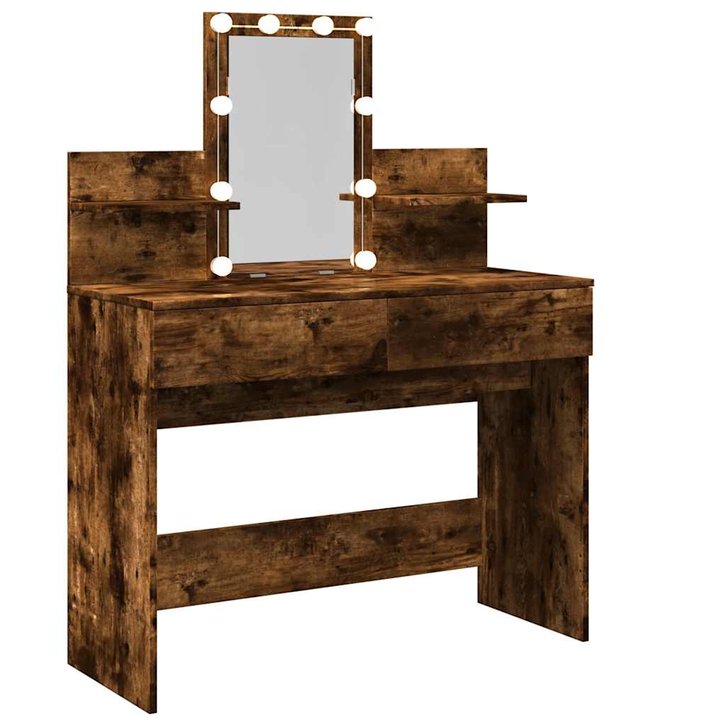 Makeup Vanity with LED Lighting Smoked Oak Finish 100 x 40 x 130 cm