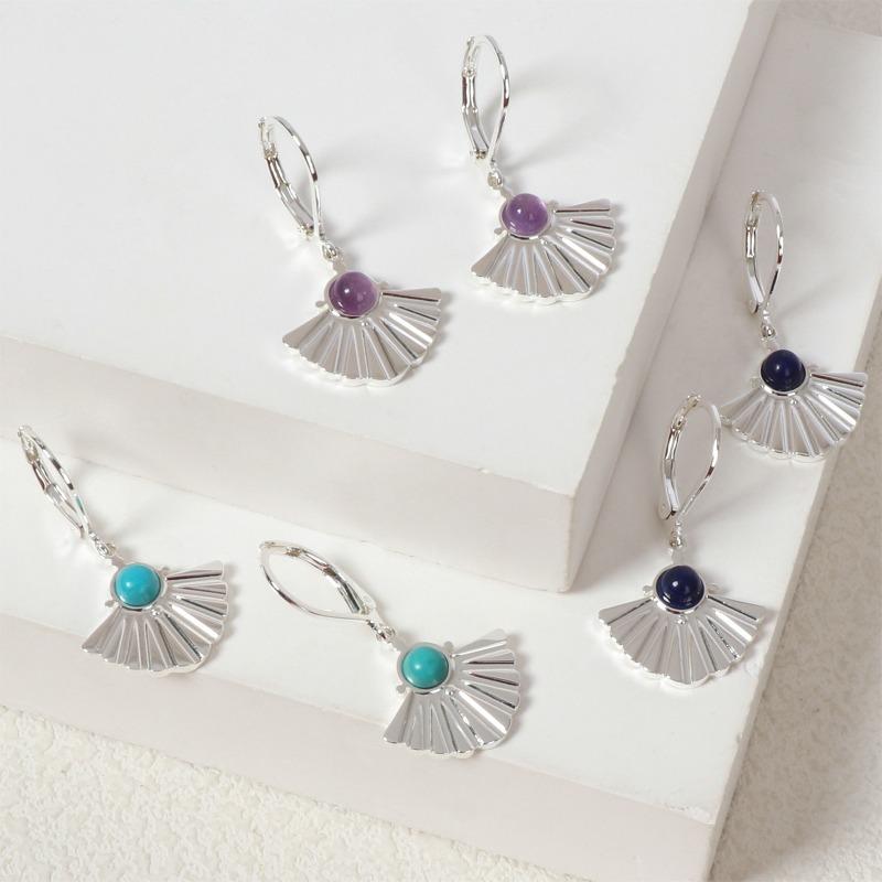French Retro Fan-shaped Fishtail Earrings for Women Inlaid with Natural Stone Stainless Steel Electroplated Thick Earrings