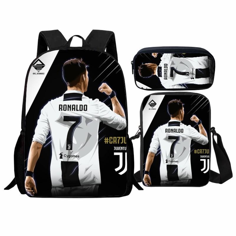 Printed Football Star Student Schoolbag Three-piece Set, Casual Cr7 Backpack, Messenger Bag, Pencil Bag, Men and Women