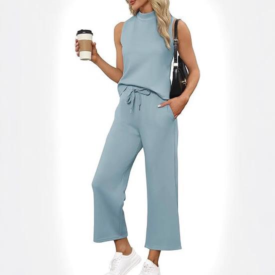 

Women s Light Blue Sleeveless Top and Wide Leg Pants Two-Piece Set, Casual Outfit S озеро синий