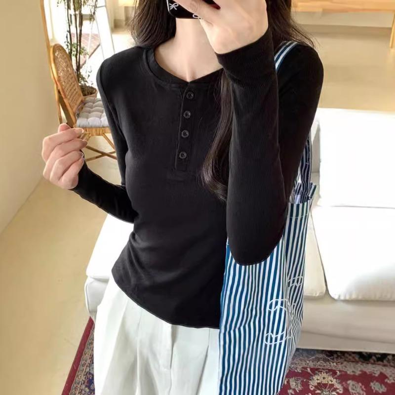 Front shoulder single-breasted long-sleeved T-shirt women's spring new simple and versatile top white bottoming shirt