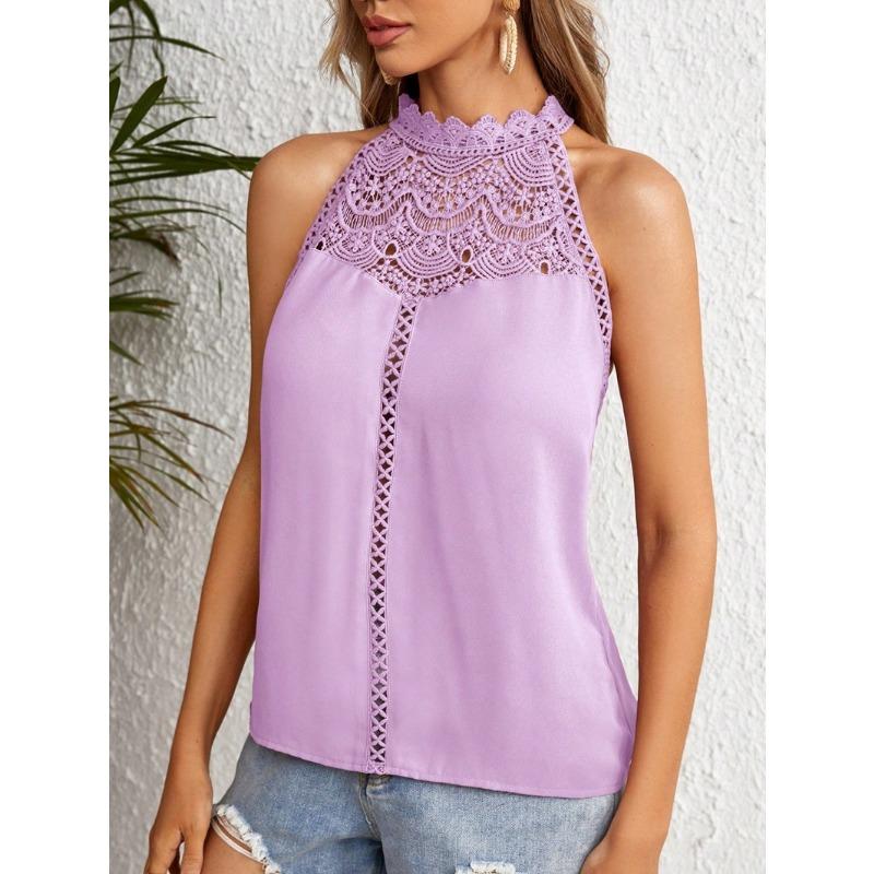 VEZFAA Women's Fashion Casual Summer Spring Solid Color Print Sleeveless O-Neck Blouses & Shirts