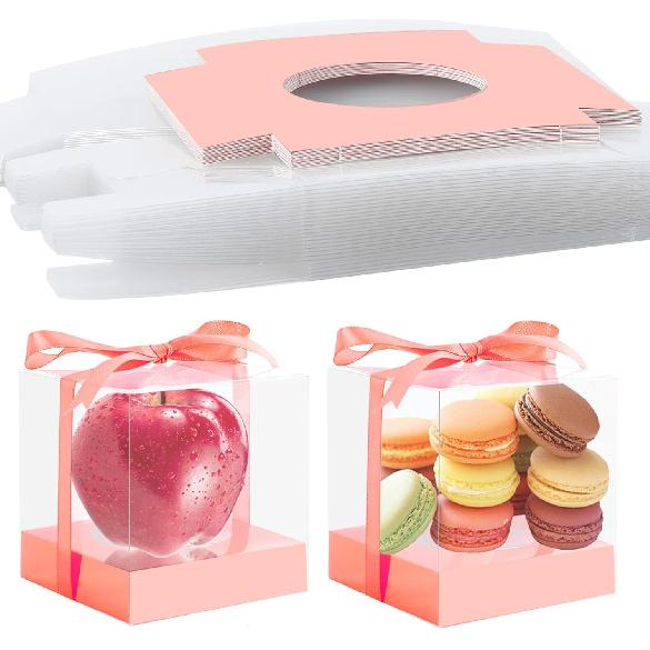 24 Pcs Clear Plastic Cupcake Boxes, 3.5 Inch Single Cupcake Containers for Cake Dessert, Individual Cake Storage Holder with Ribbon Wedding Birthday розового золота