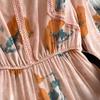 Herbst Vintage Frauen Floral Bedruckte Patchwork Lange Kleid Elegante V-ausschnitt Puff Ärmel Aushöhlen Saum Urlaub Strand Vestidos Neue