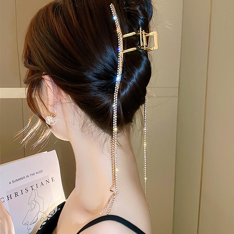 Pinces à cheveux à longues pampilles en cristal coréen pour femmes Luxe Or Argent Métal Grandes Pinces Crabe Accessoires de Mariage Femme Nouveau