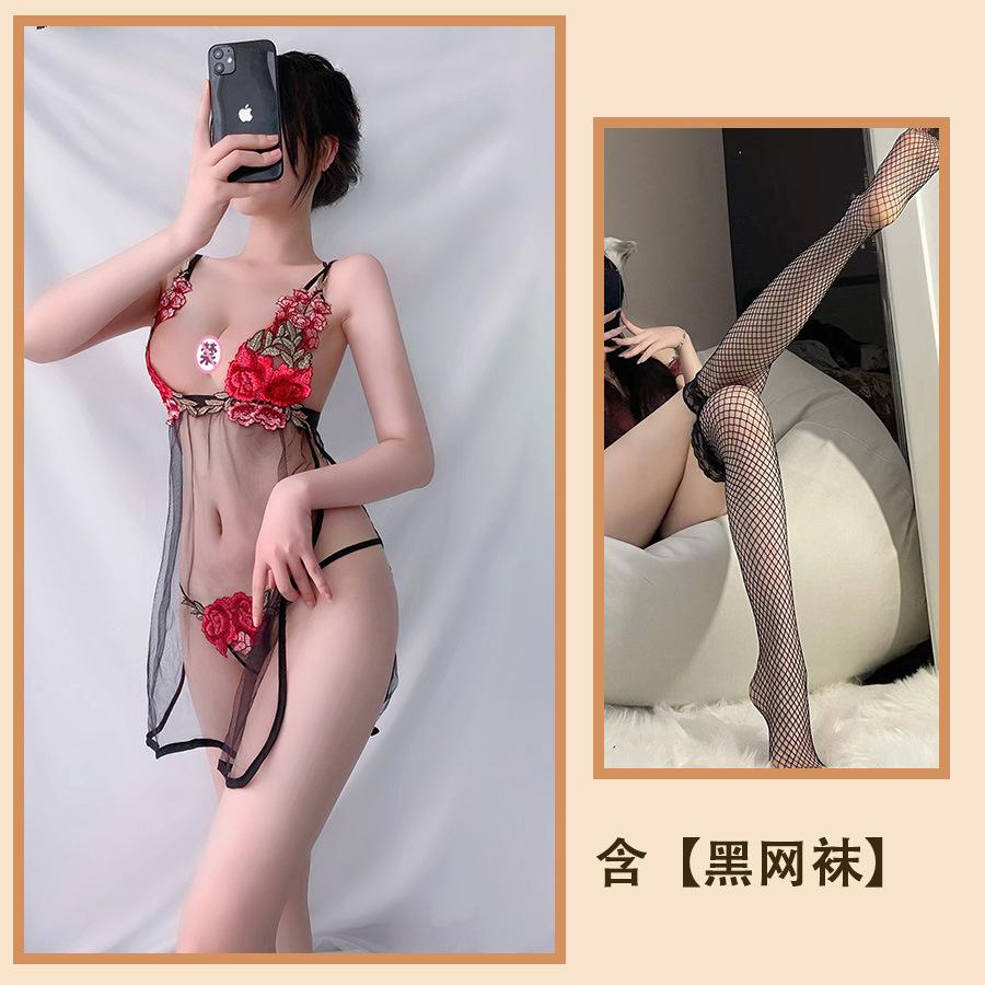 Sexy Lingerie Sexy Suspender Split Nightdress Rose Embroidered Lace Mesh Seduction Nightdress Salesian Suit