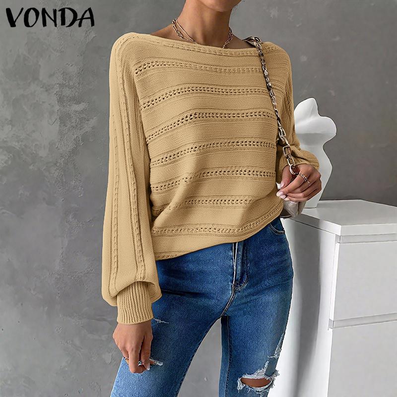 VONDA Autumn Winter Women Scoop Neck Long Sleeve Knitted Hollow Sweater Jumper Tops