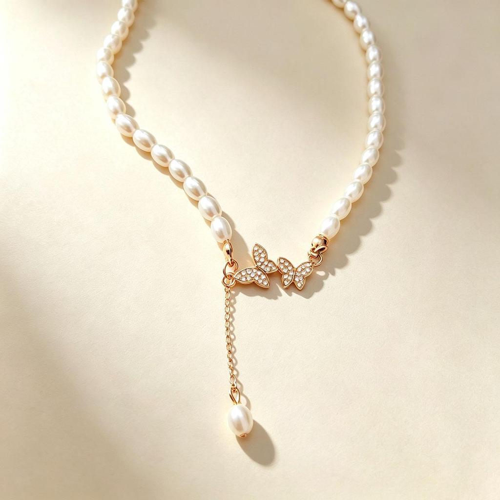 Dreamy Butterfly Tassel Imitation Pearl Necklace for Women, Everyday Collarbone Chain Fashion New Style Woolen Necklace Accessory