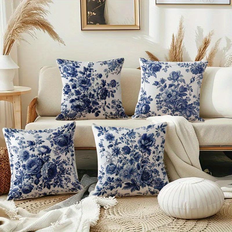 Blue White Chinoiserie Pillow Covers, Vintage Peony Double-Sided Printed Throw Pillow Cases, Classic Home Decor Cushion Covers