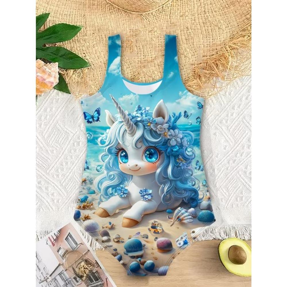 Girls One Piece Swimsuit Cute Cartoon Colorful Heart Symbol Print Sleeveless Swimwear Kids Summer Beach Bathing Suit