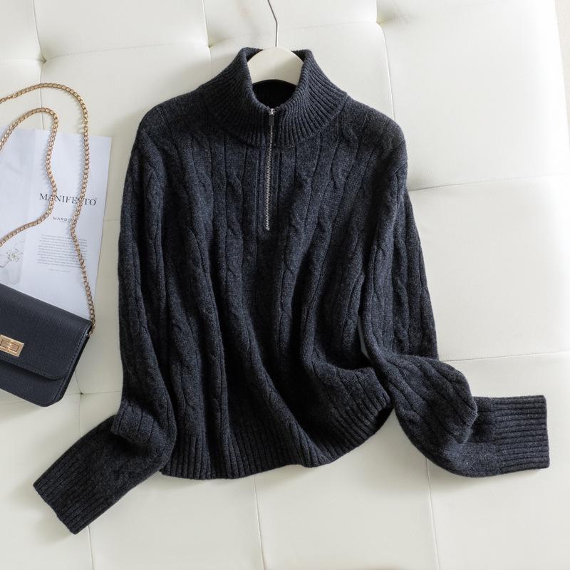 2025 Puyuan Autumn/Winter Wool Cable Knit Stand Collar Zip-Up Sweater for Women - Soft Texture