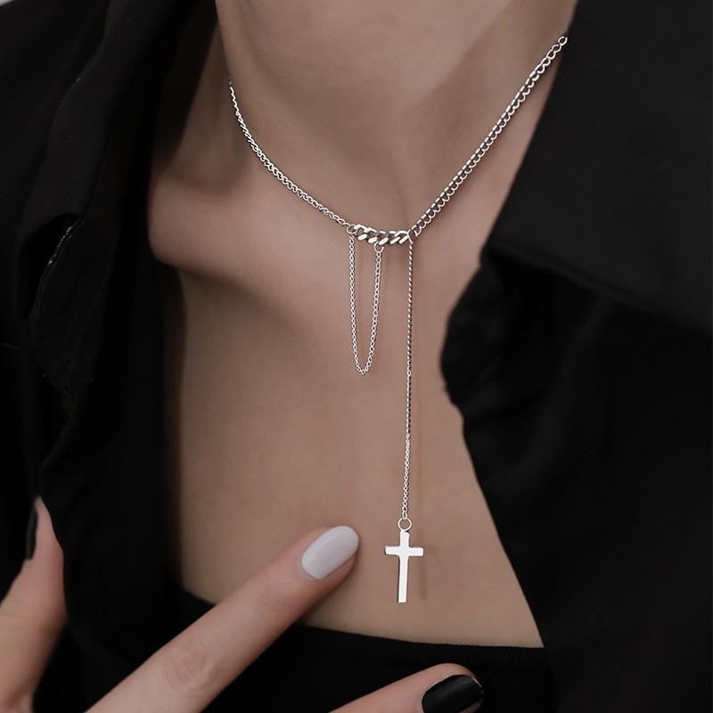 S925 Sterling Silber Halskette Kette Spleißen Pullover Kette Frauen einzigartige Mode Schlüsselbein Kette INS Quaste Kreuz Anhänger Halskette