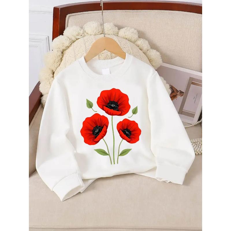 Girls' Sweatshirt, Fashionable Cartoon Red Flower Pattern Print, Casual Everyday Top, Soft And Comfortable White Spring