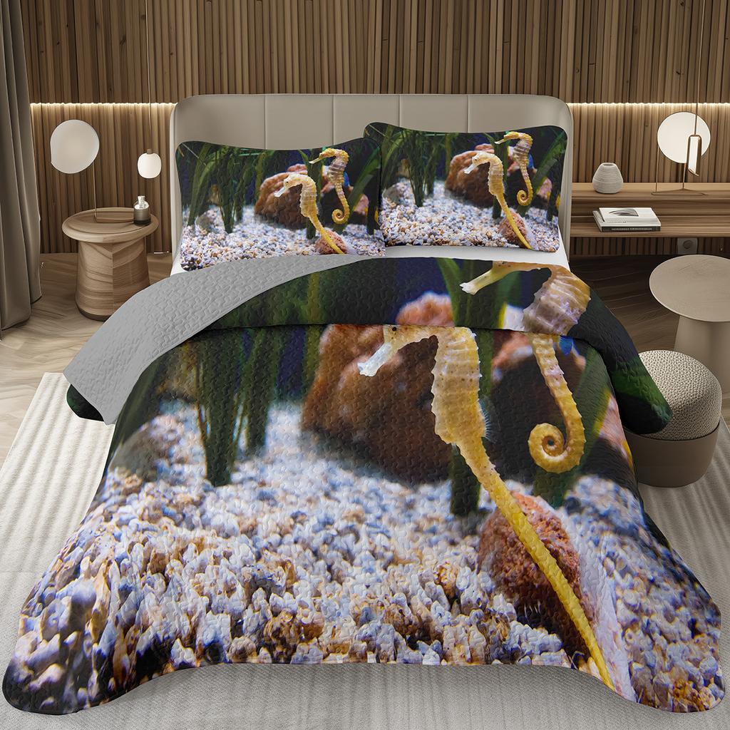 Comforter Seahorse Queen Size 3D Seahorse Printed Bedding Set Ocean Animal Quilted Marine Mediterranean Style Bed