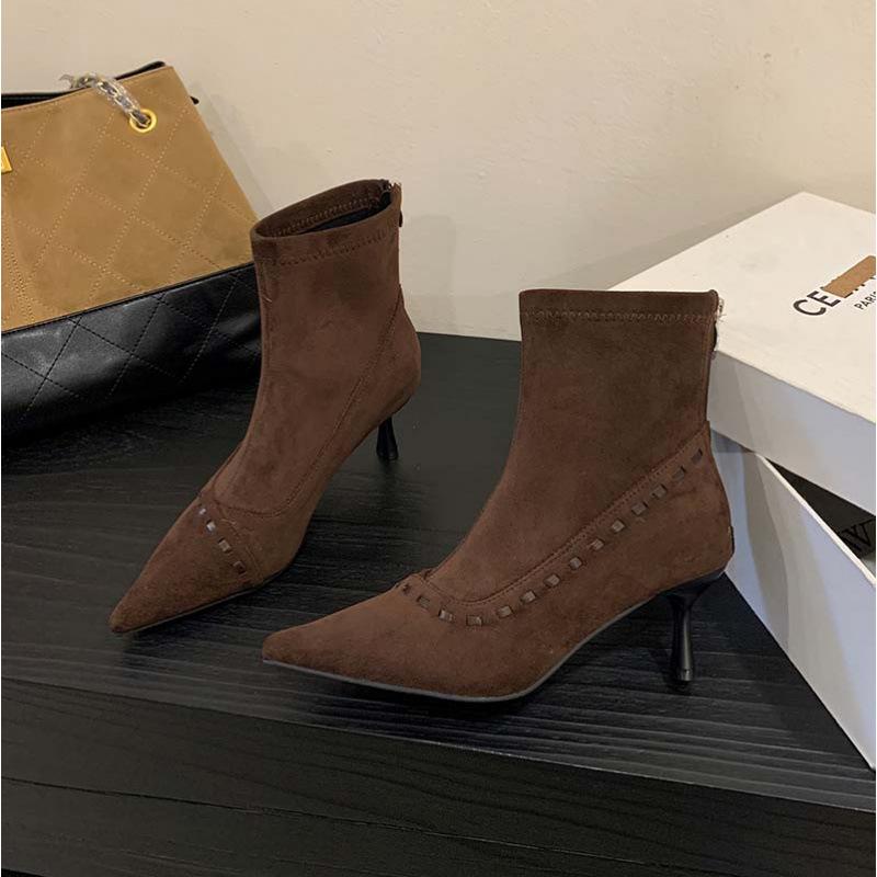 European and American sweet and spicy simple commuter short boots women's 2025 autumn and winter new suede pointed rear zipper high-heeled fashion