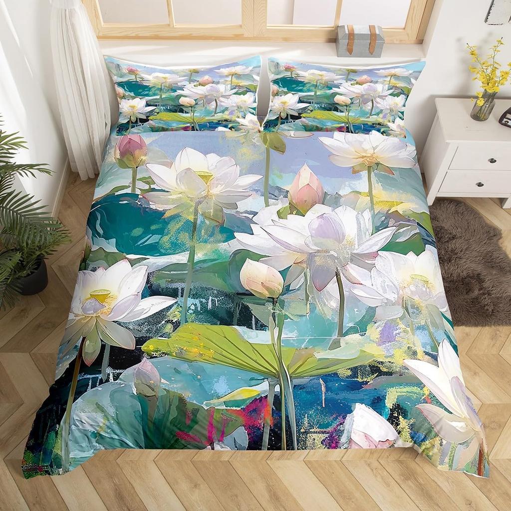 Lotus Duvet Cover, Water Lily Bedding Set, Lotus Leaf Quilt Cover, Summer Theme Print Comforter Cover For Girl Women Twin King