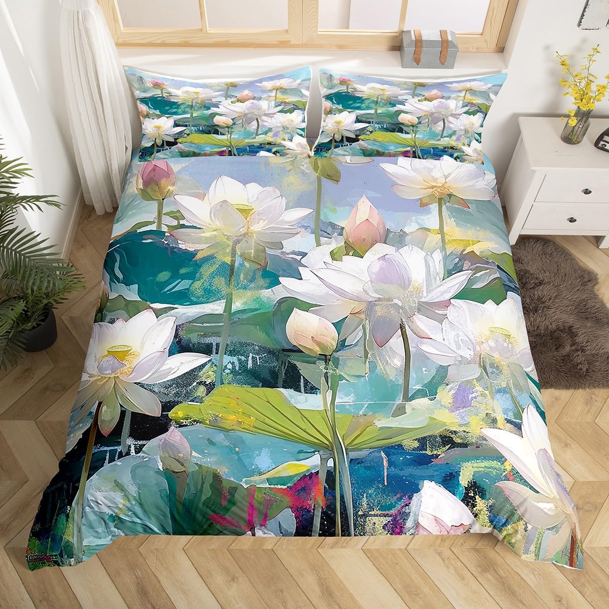 

Lotus Duvet Cover, Water Lily Bedding Set, Lotus Leaf Quilt Cover, Summer Theme Print Comforter Cover for Girl Women Twin King 140x200cm 3pcs