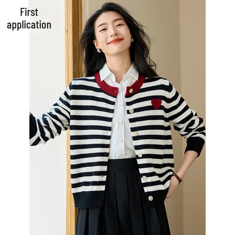 

Women s Striped Heart Embroidery Knit Cardigan One Size