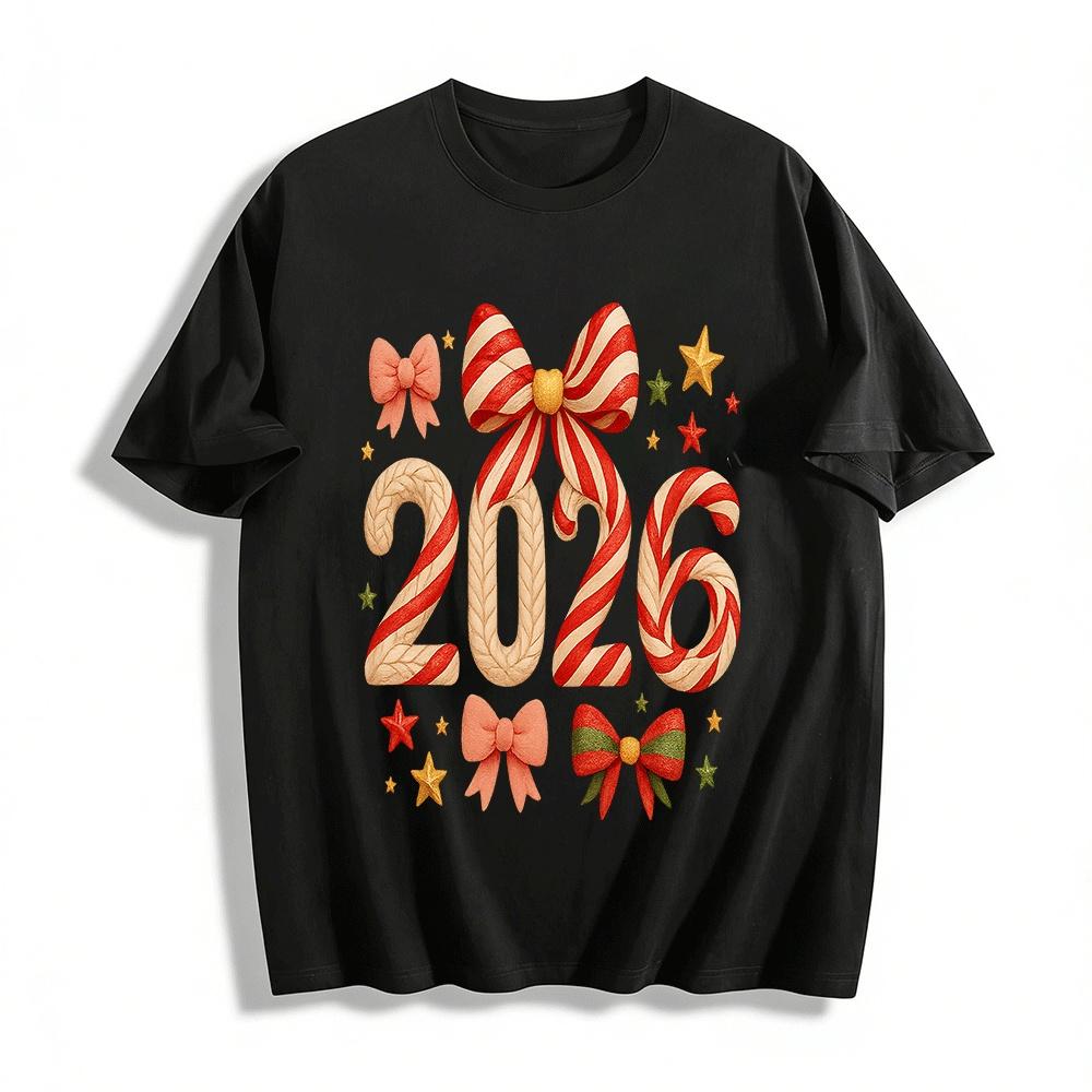 2026 New Year Candy Cane Bow Print Casual Top Pure cotton T-shirt XXS
