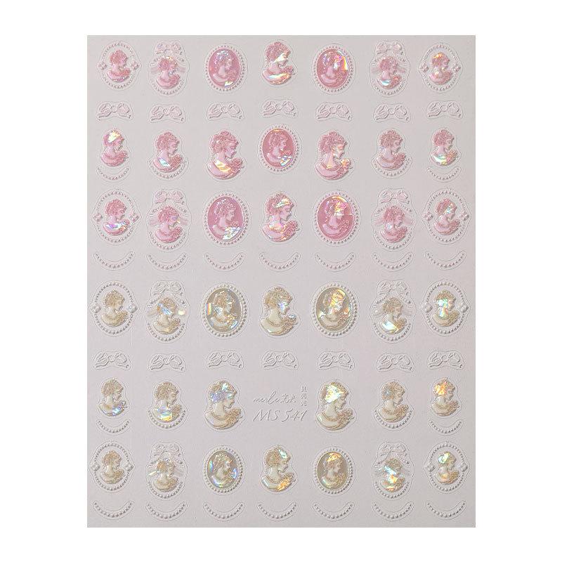 1pc Baroque Pearl Nail Sticker - Pink & Yellow Shell Iridescent Design with Vintage Lace Embossed Pattern for DIY Nails