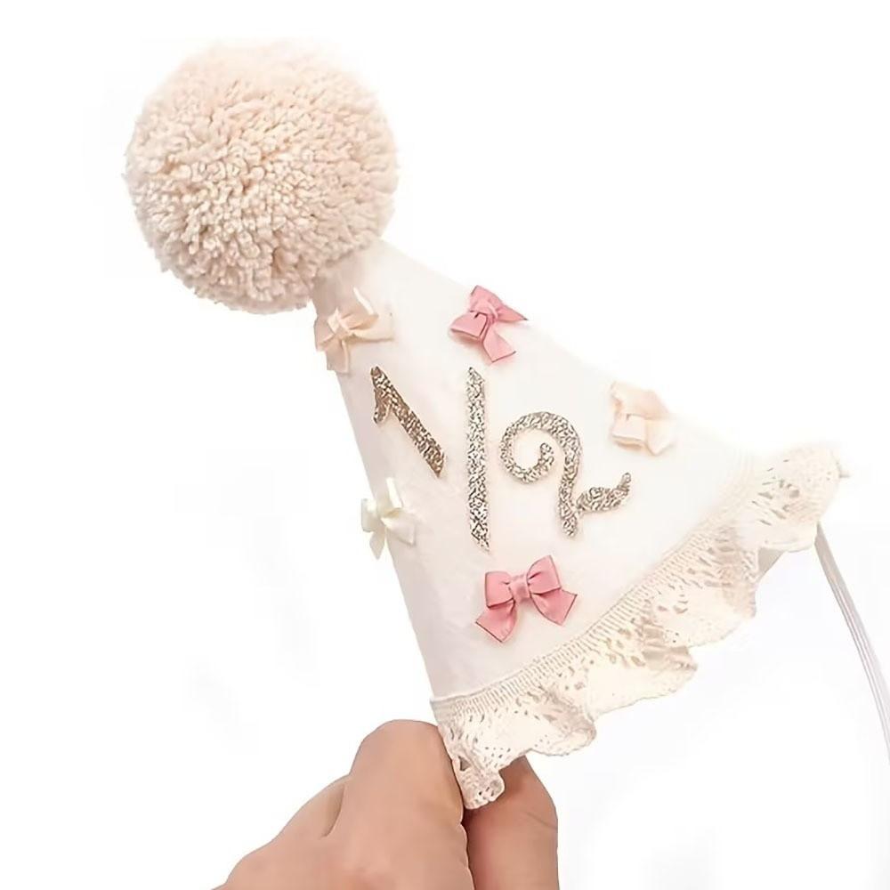 Sweet Bow Birthday Hat Handcrafted Pom Pom Lace Ruffle Hat Birthday Decoration
