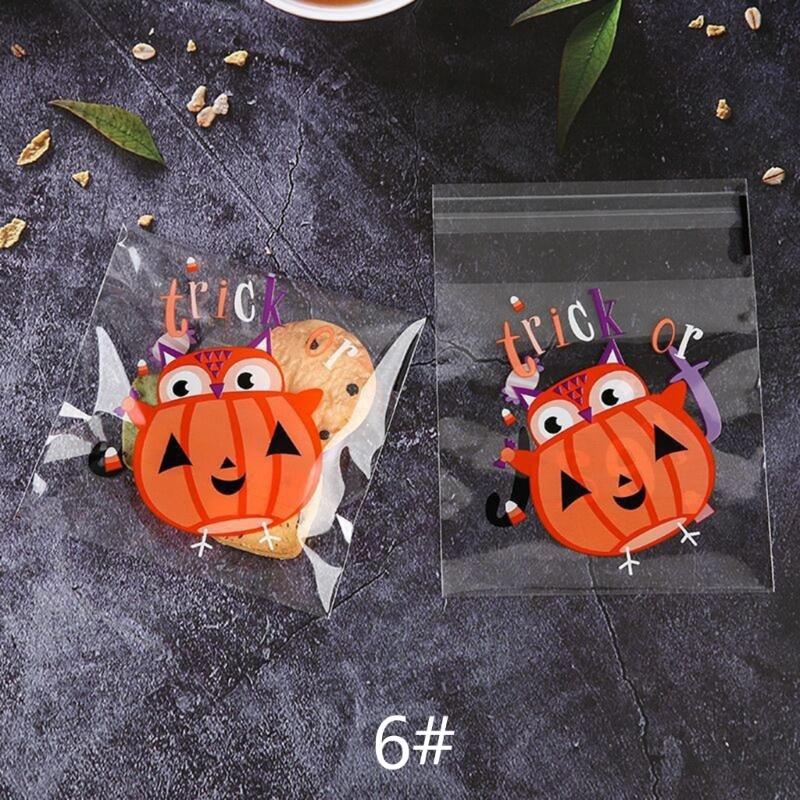 100pcs Halloween Candy Bag Self-adhesive Plastic Treat Bags for Cookie Snack Gift Clear Bags Set for Halloween Party