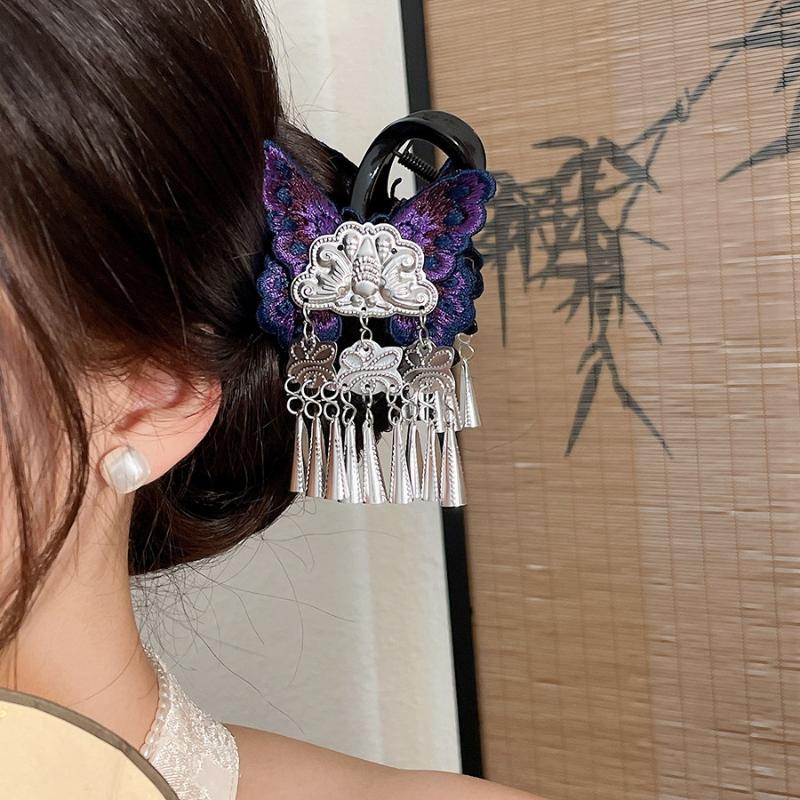Chinese Style Kniting Butterfly Hair Claws Women'S Purple Long Flower Tassel Shark Grab Clips Vintage Hanfu Headpiece W