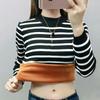 Compound fleece thermal fleece T-shirt for female students thickened autumn and winter striped long-sleeved semi-turtleneck bottoming shirt