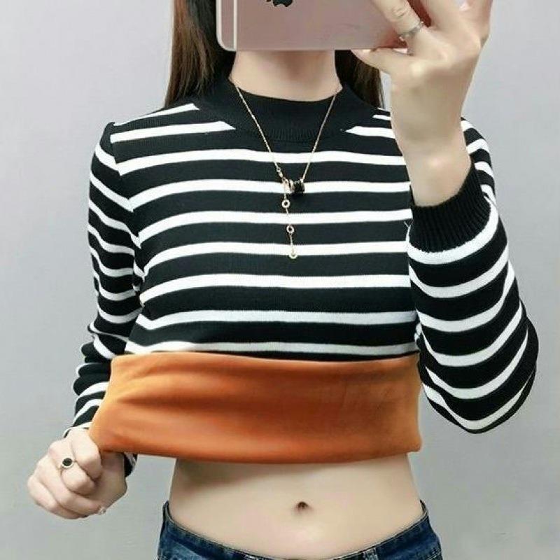 Compound fleece thermal fleece T-shirt for female students thickened autumn and winter striped long-sleeved semi-turtleneck bottoming shirt
