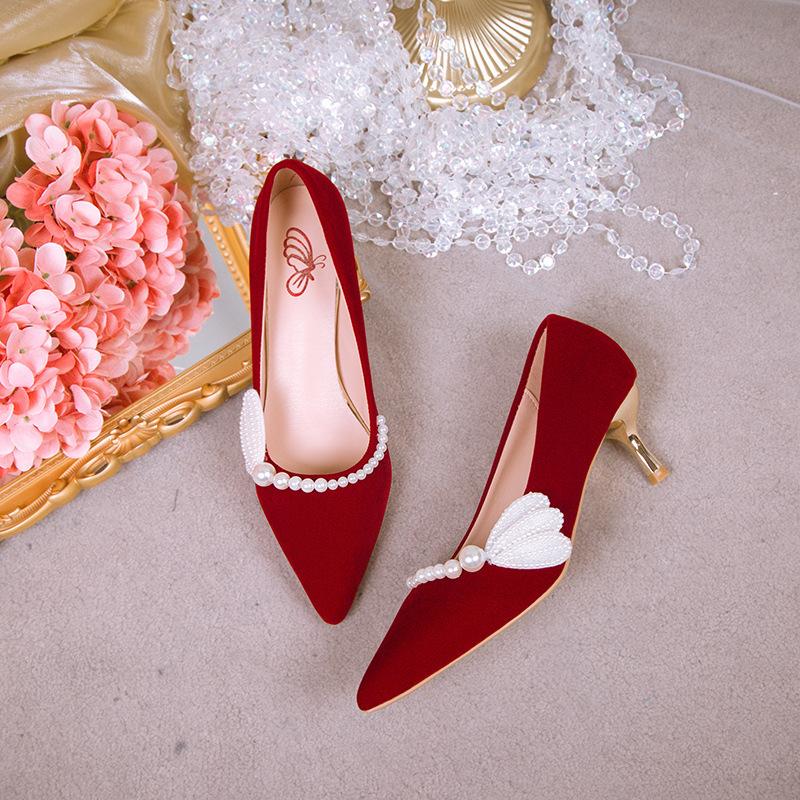 Pearl bridal high heels 2025 new pointed show clothes wedding shoes pregnant women are not tired feet Chinese wedding shoes women