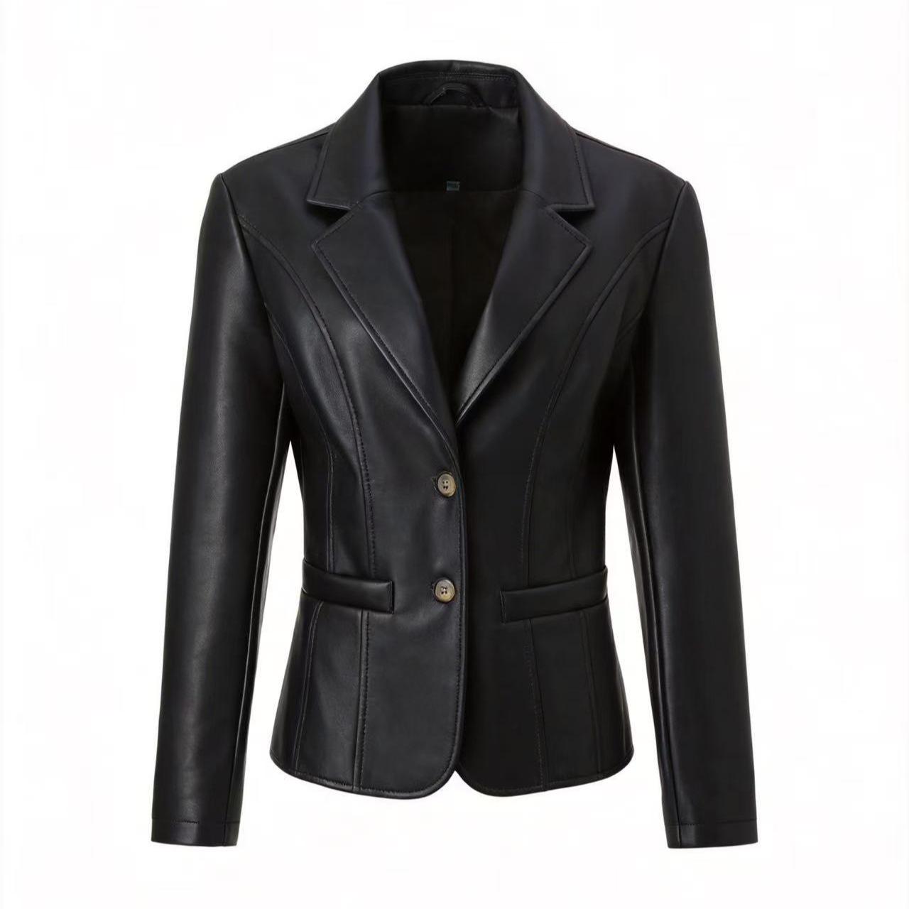 Women`s Faux Leather Blazer Jacket Collar