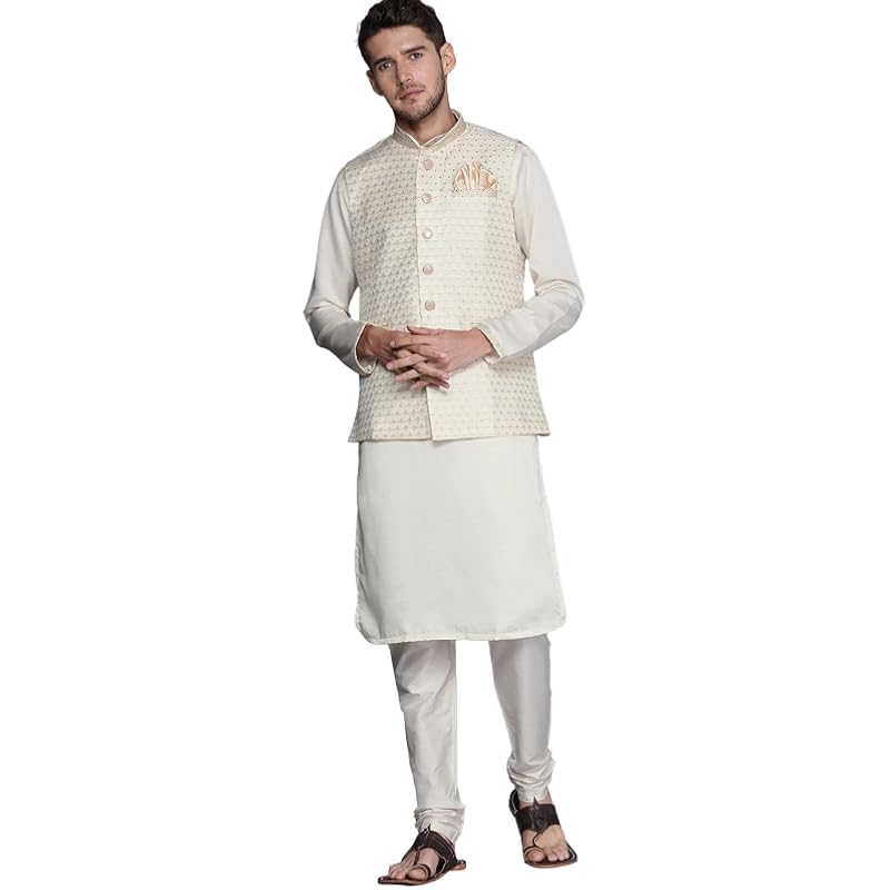 Set Giacca Kurta Manyavar da Uomo, Maniche Lunghe, Collo alla Mandarina, Abbigliamento Etnico, Set Giacca per Festival, Matrimonio, Festa Sati
