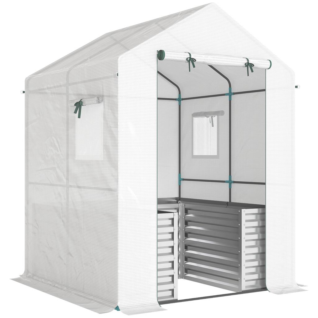 Serra per Pomodori Serra con Fioriera a Rialzo Finestra con Porta Arrotolabile Tetto Inclinato 141 x 141 x 190 cm Bianco