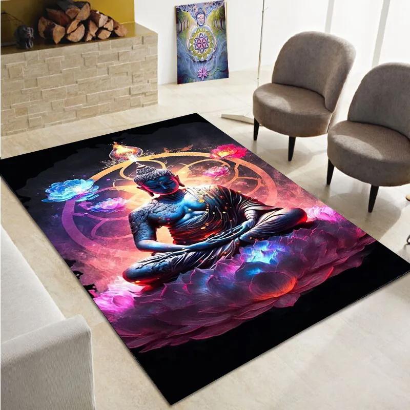 Buddha Teppich, Buddhismus Bereichsteppiche für Schlafzimmer Wohnzimmer Eingangsbereich, Buddha Statue Muster Meditation Bodenmatte Rutschfester Yoga Teppich