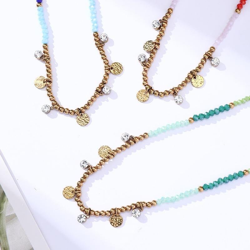 Vintage Multicolor Crystal Handmade Beaded Titanium Steel Round Pendant Clavicle Necklace For Women
