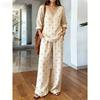 1116 Bohemian Print Cotton and Linen Shirt Wide-leg Pants Two-piece Set, Vacation Casual Suit Women Y1