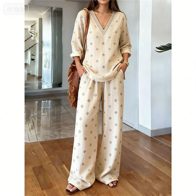 1116 Bohemian Print Cotton and Linen Shirt Wide-leg Pants Two-piece Set, Vacation Casual Suit Women Y1