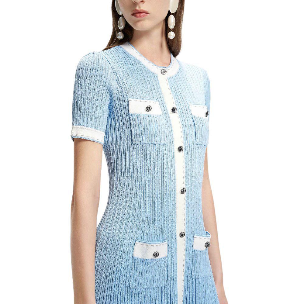 Karl Lagerfeld Romantic Elegant Single-Breasted Round Neck Knit Midi Dress Short Sleeve Women dresses Blue M22E1334