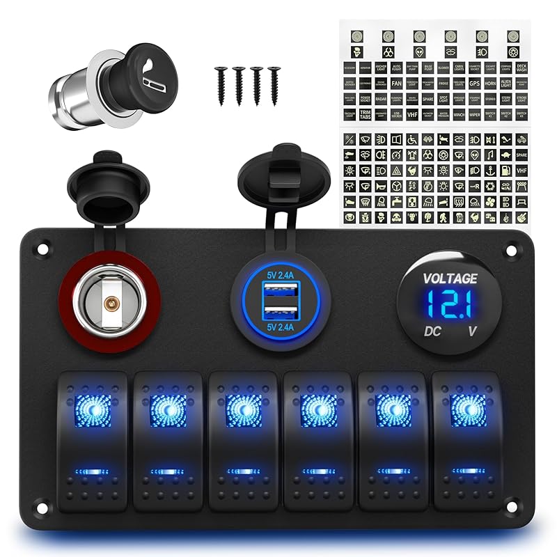 Marine Boat Switch Panel Waterproof 8 Gang 12V Rocker Switch Panel 12 Volt Toggle Switch Panel Blue LED Lighted for Automotive Car Truck 6 Gang Switch Panel