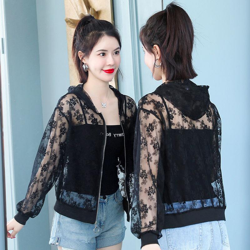 

Летний кардиган с капюшоном и длинными рукавами, защита от солнца, женская тонкая короткая куртка, однотонная кружевная сетка, рубашка с кондиционером, шаль 2XL чёрный