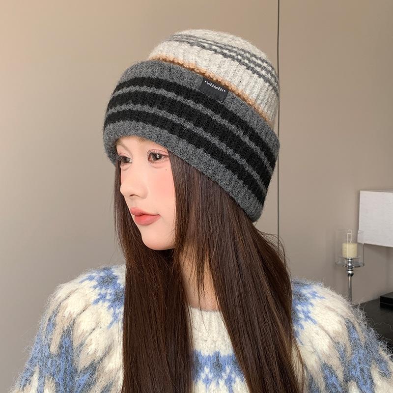 Striped Wool Women's Autumn and Winter Korean Style Warm and Versatile Large Head Circumference Pullover Hat Showing Face Small Knitted Hat