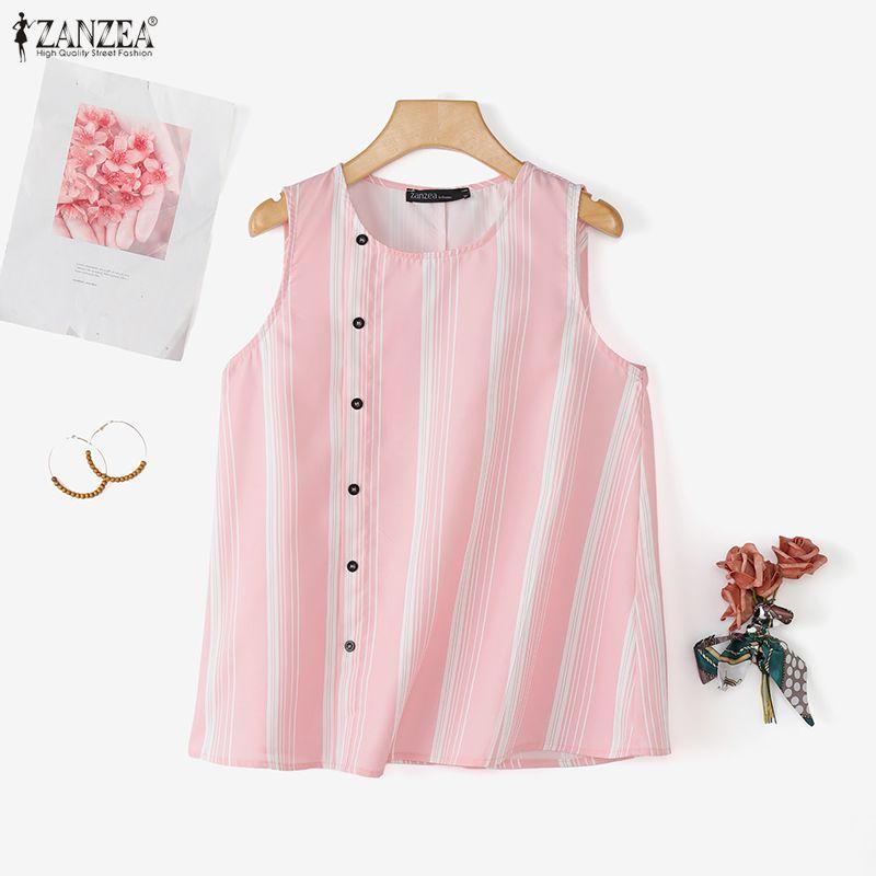 ZANZEA Women Casual Round Neck Loose Stripe Sleeveless Tank Tops