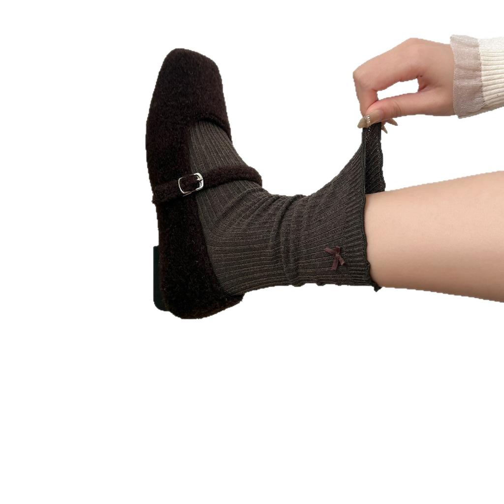 Autumn And Winter Casual Cotton Socks Women'S Breathable Fungus Edge Calf Socks Bow Vertical Pattern Thin Stacking Socks Boneless Medium Tube Socks
