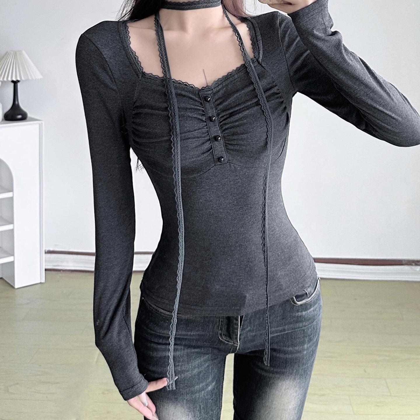 

French Slim Fit Pleated Lace Patchwork T-shirt - New Girly Style, Pure Desire Medium темно-сірий